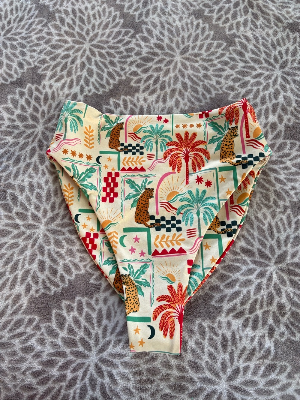 Skatie Cream Monroe Swim Bottom with Teal, Red and Yellow Tropical Print